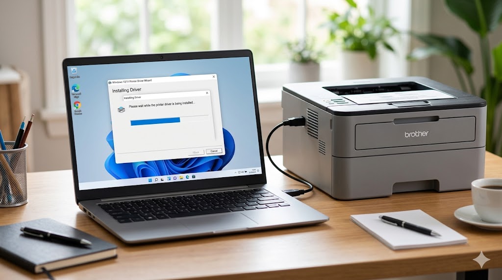 Quá trình cài đặt driver máy in Brother đang chạy trên Windows